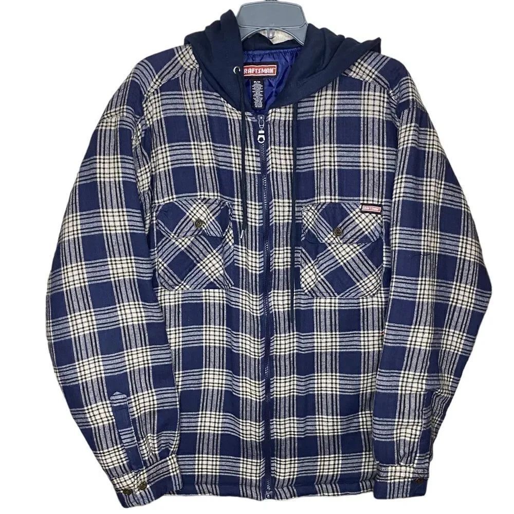 Craftsman Men’s Sz Med Blue Cream Plaid Zip Flannel Quilted Lined Hooded Shacket